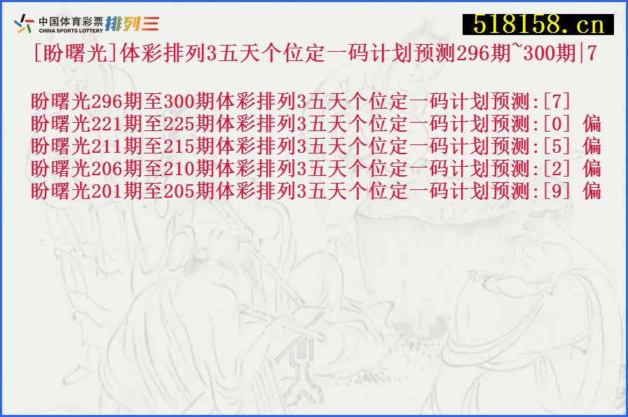 [盼曙光]体彩排列3五天个位定一码计划预测296期~300期|7