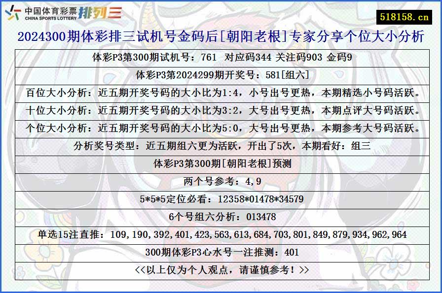 2024300期体彩排三试机号金码后[朝阳老根]专家分享个位大小分析