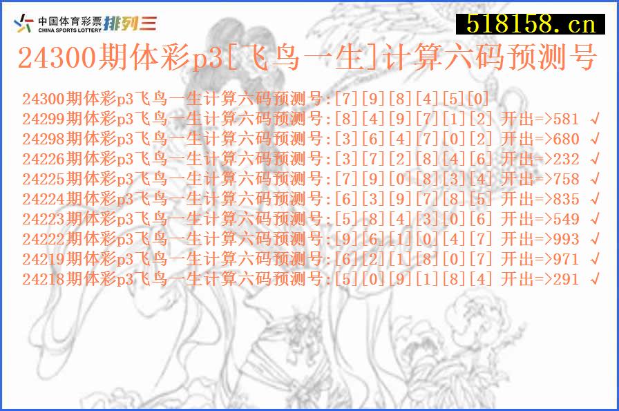 24300期体彩p3[飞鸟一生]计算六码预测号