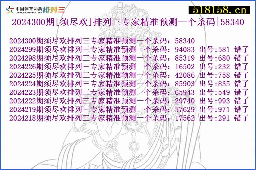 2024300期[须尽欢]排列三专家精准预测一个杀码|58340