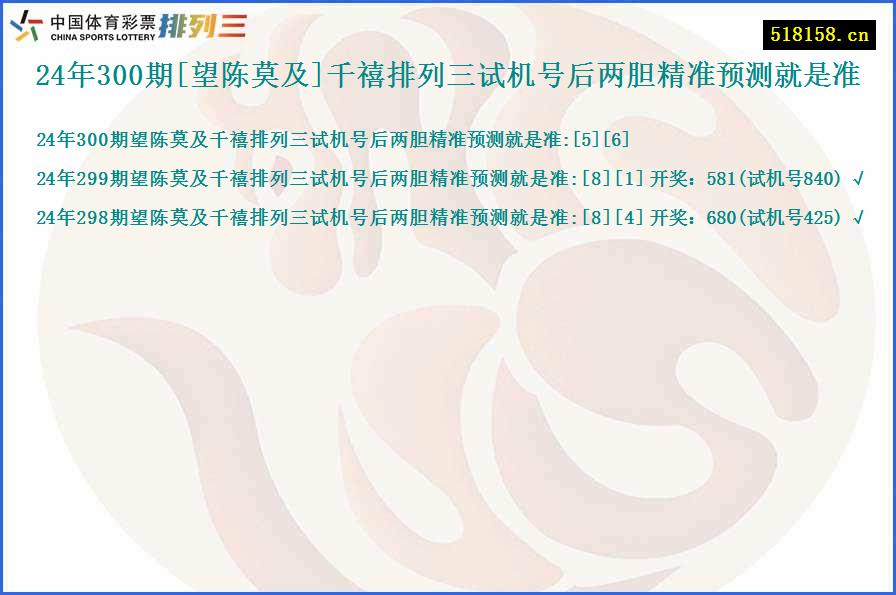24年300期[望陈莫及]千禧排列三试机号后两胆精准预测就是准