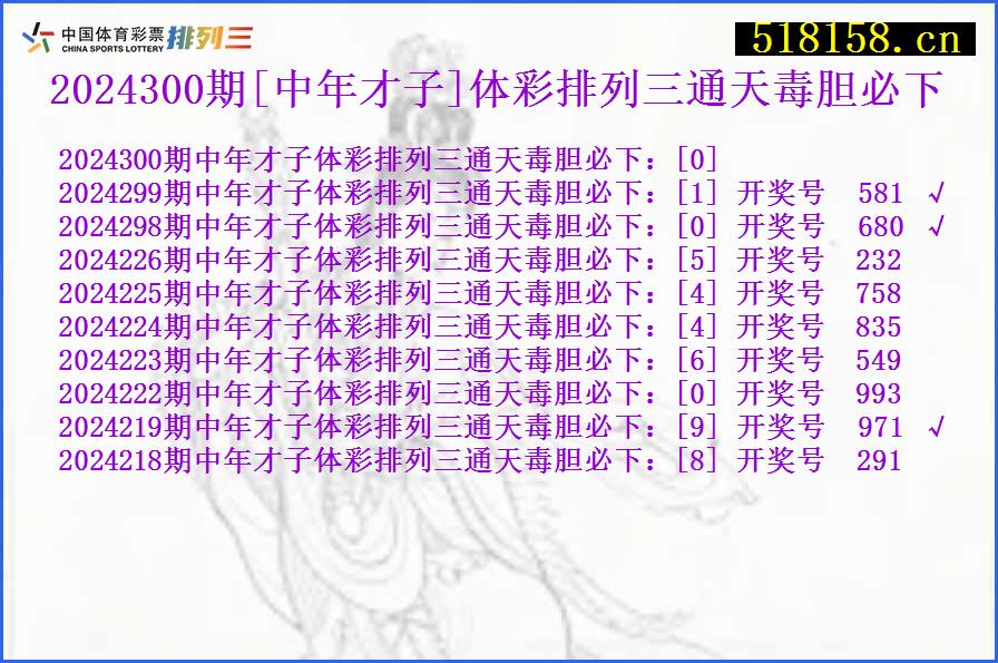 2024300期[中年才子]体彩排列三通天毒胆必下