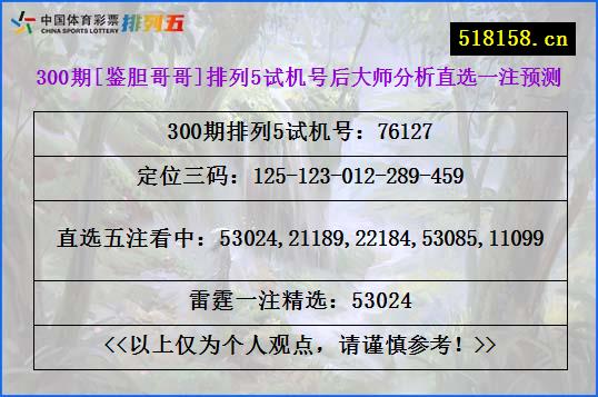 300期[鉴胆哥哥]排列5试机号后大师分析直选一注预测