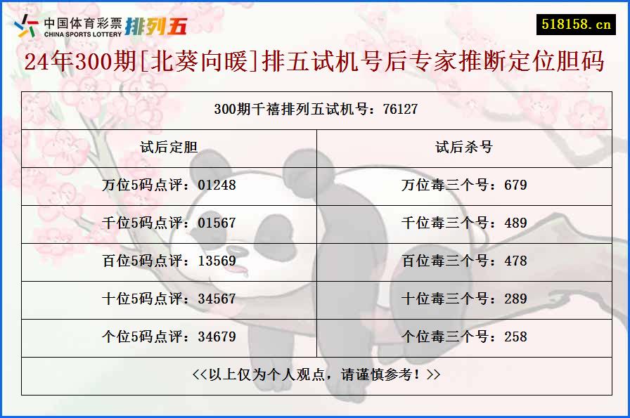 24年300期[北葵向暖]排五试机号后专家推断定位胆码