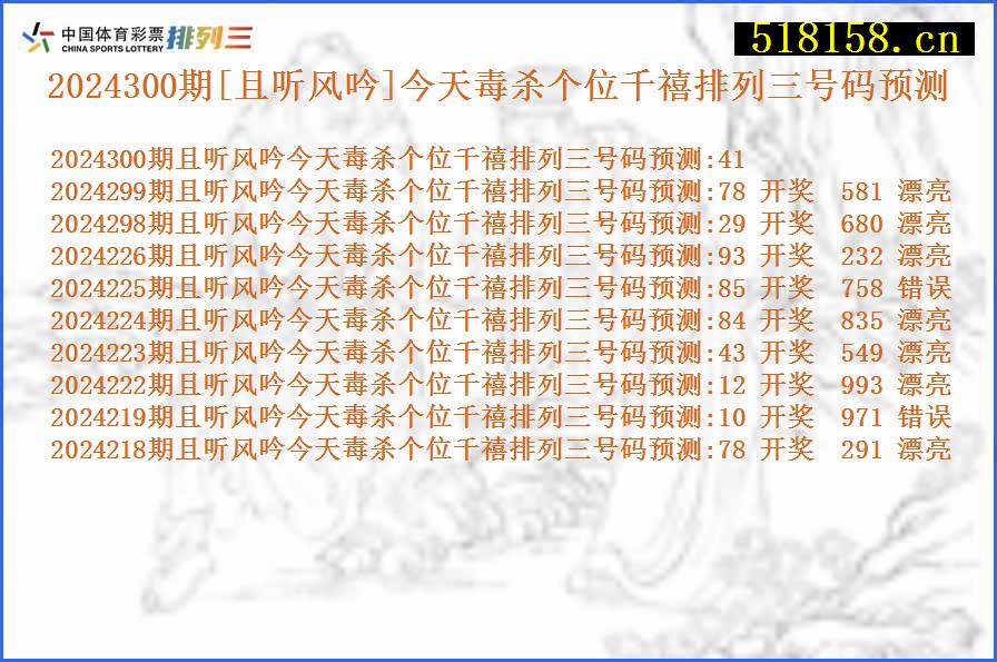 2024300期[且听风吟]今天毒杀个位千禧排列三号码预测