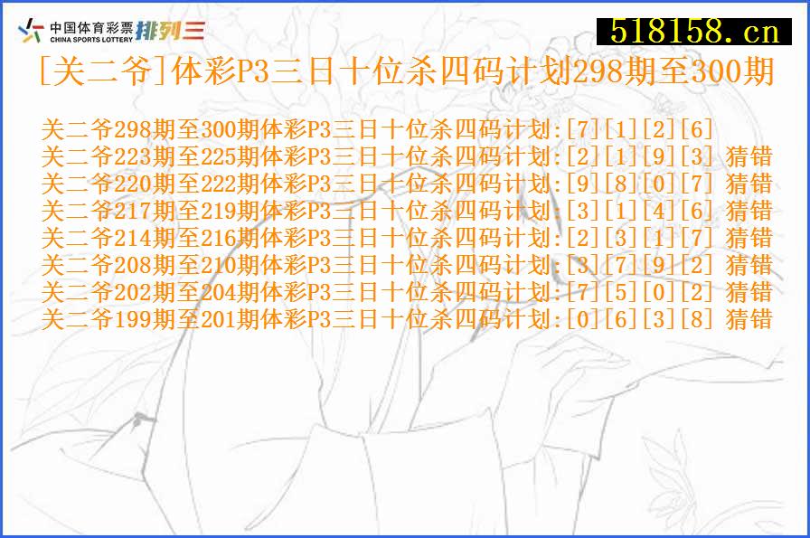 [关二爷]体彩P3三日十位杀四码计划298期至300期