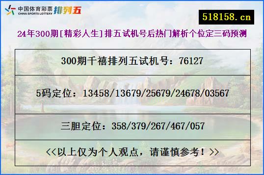 24年300期[精彩人生]排五试机号后热门解析个位定三码预测