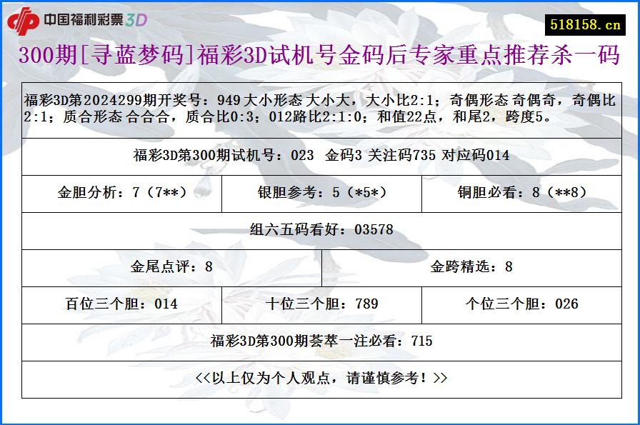 300期[寻蓝梦码]福彩3D试机号金码后专家重点推荐杀一码