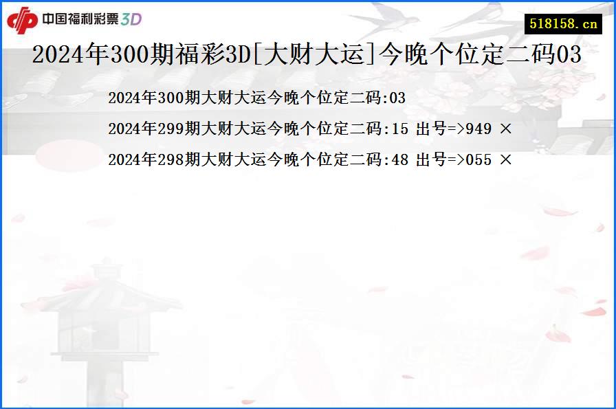 2024年300期福彩3D[大财大运]今晚个位定二码03