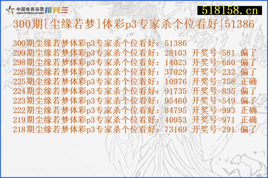 300期[尘缘若梦]体彩p3专家杀个位看好|51386