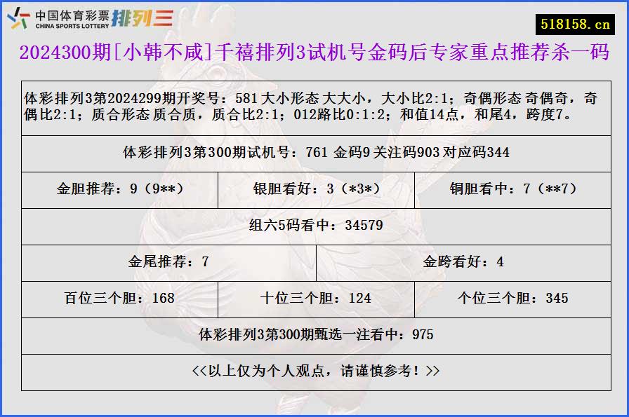 2024300期[小韩不咸]千禧排列3试机号金码后专家重点推荐杀一码