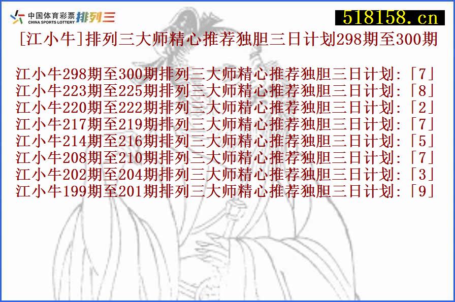 [江小牛]排列三大师精心推荐独胆三日计划298期至300期