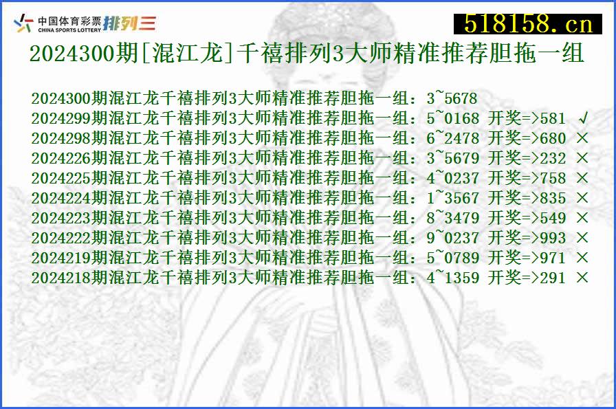 2024300期[混江龙]千禧排列3大师精准推荐胆拖一组