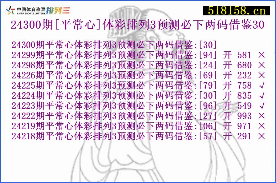 24300期[平常心]体彩排列3预测必下两码借鉴30