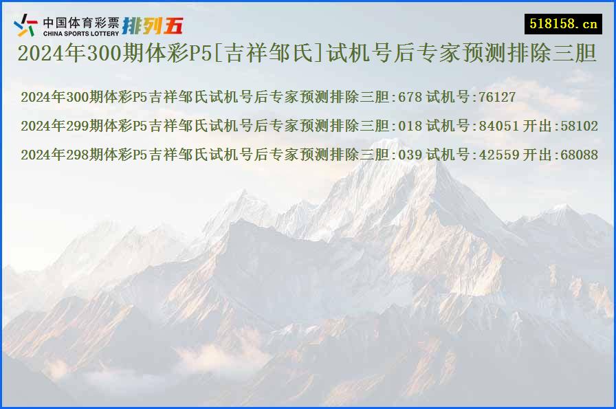 2024年300期体彩P5[吉祥邹氏]试机号后专家预测排除三胆