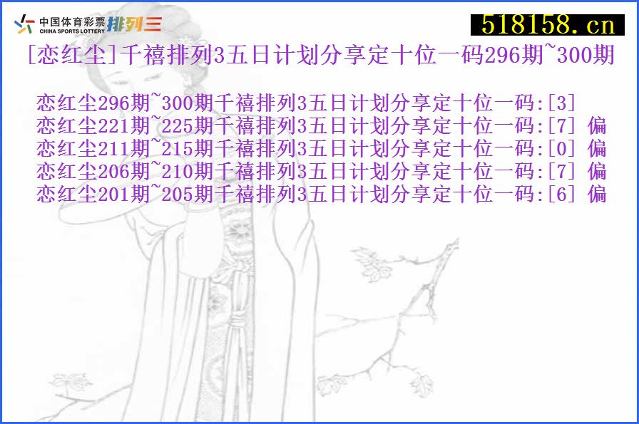 [恋红尘]千禧排列3五日计划分享定十位一码296期~300期