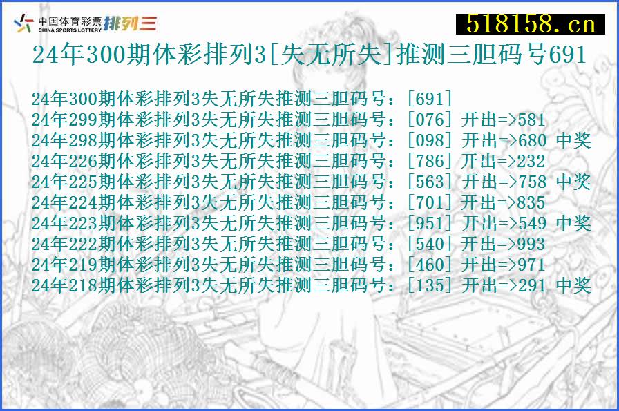 24年300期体彩排列3[失无所失]推测三胆码号691