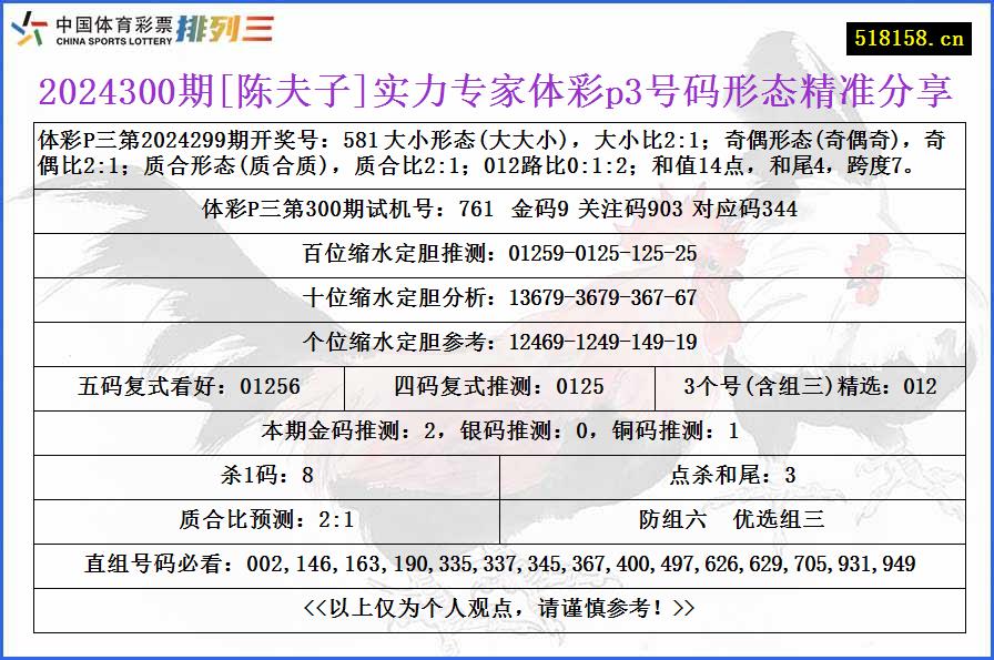 2024300期[陈夫子]实力专家体彩p3号码形态精准分享