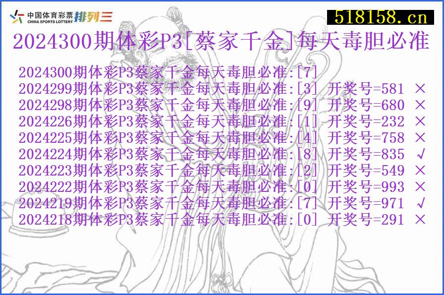 2024300期体彩P3[蔡家千金]每天毒胆必准