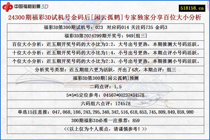 24300期福彩3D试机号金码后[闲云孤鹤]专家独家分享百位大小分析