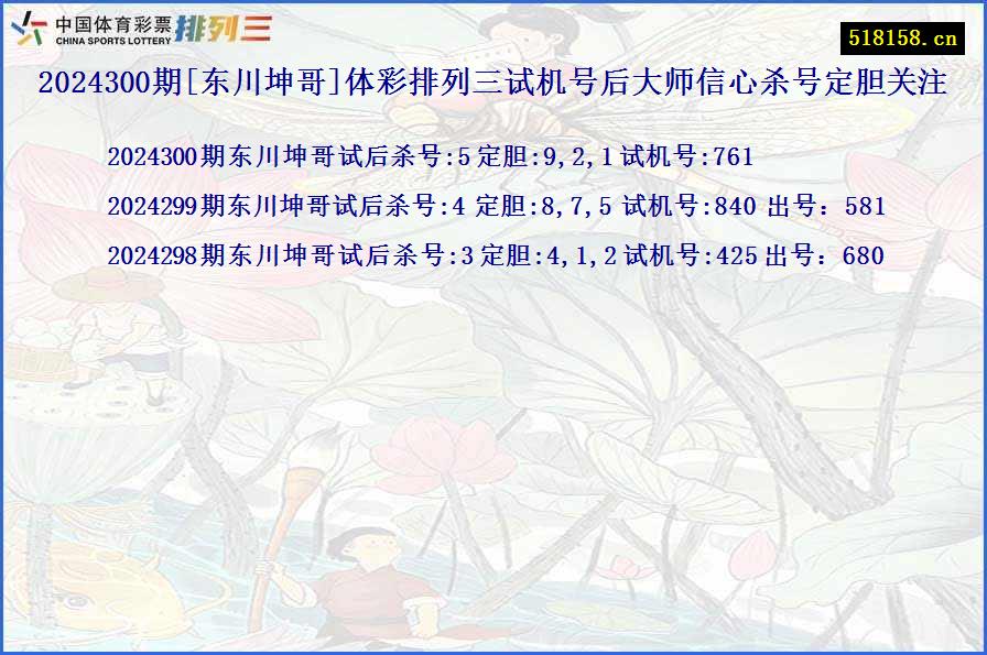 2024300期[东川坤哥]体彩排列三试机号后大师信心杀号定胆关注