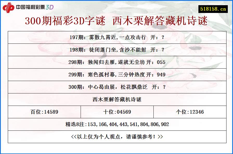 300期福彩3D字谜 西木栗解答藏机诗谜