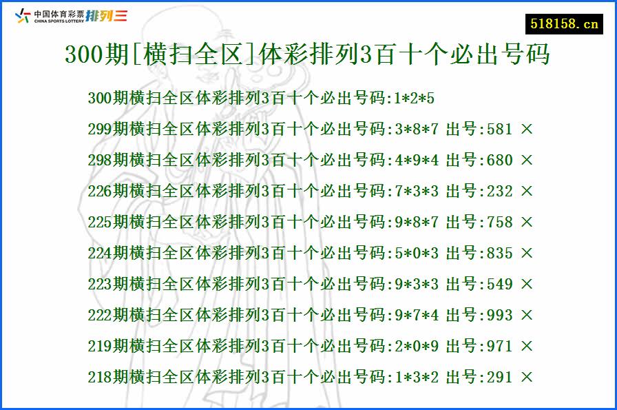 300期[横扫全区]体彩排列3百十个必出号码