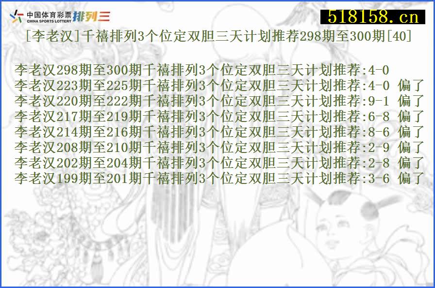 [李老汉]千禧排列3个位定双胆三天计划推荐298期至300期[40]