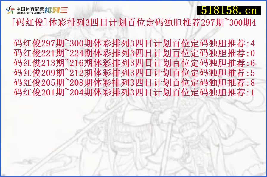 [码红俊]体彩排列3四日计划百位定码独胆推荐297期~300期4