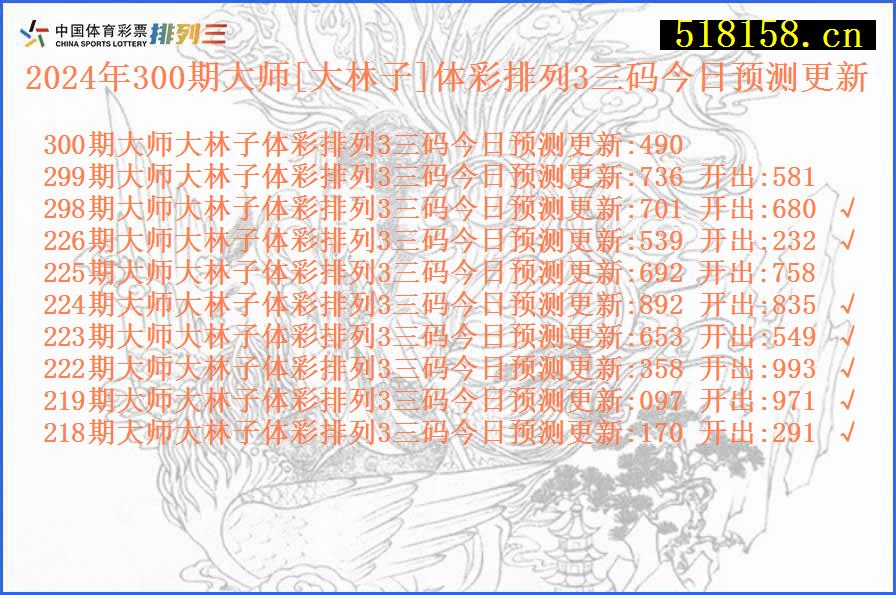 2024年300期大师[大林子]体彩排列3三码今日预测更新