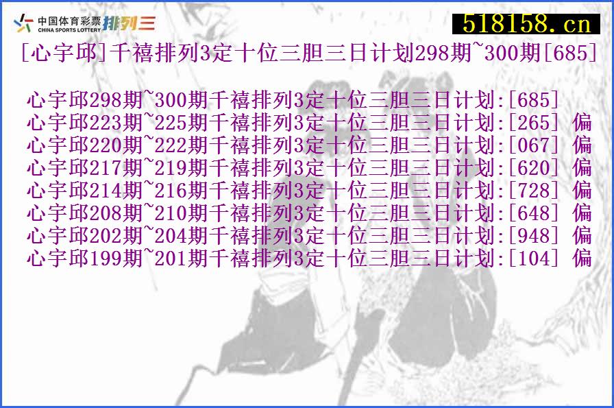 [心宇邱]千禧排列3定十位三胆三日计划298期~300期[685]