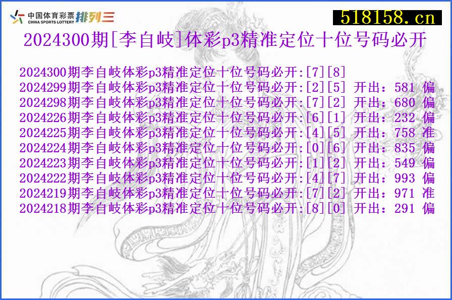 2024300期[李自岐]体彩p3精准定位十位号码必开