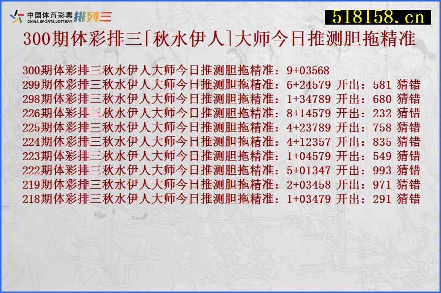 300期体彩排三[秋水伊人]大师今日推测胆拖精准