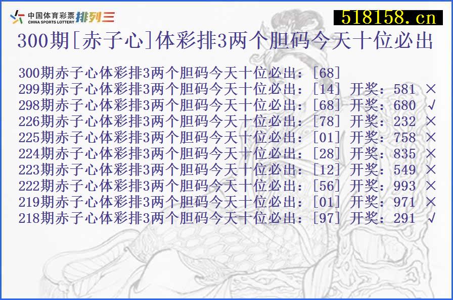 300期[赤子心]体彩排3两个胆码今天十位必出