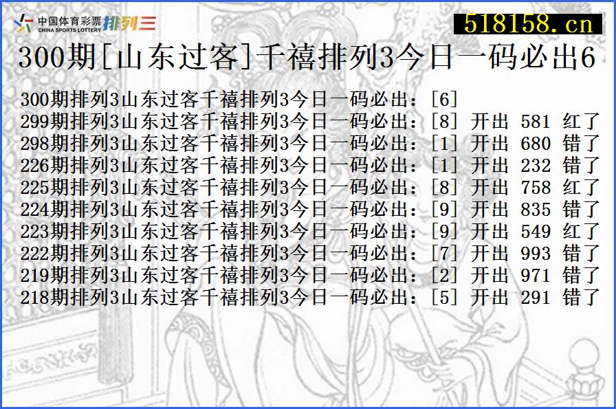 300期[山东过客]千禧排列3今日一码必出6