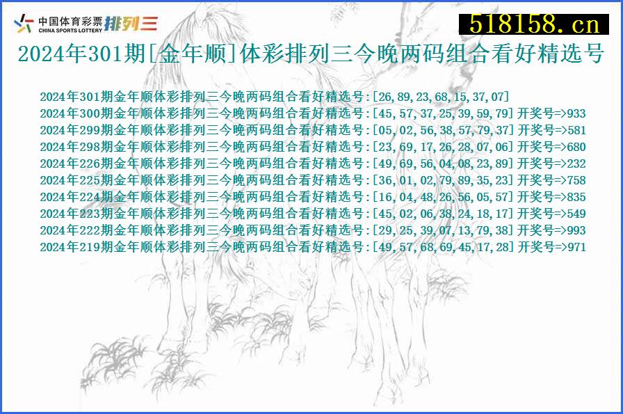 2024年301期[金年顺]体彩排列三今晚两码组合看好精选号