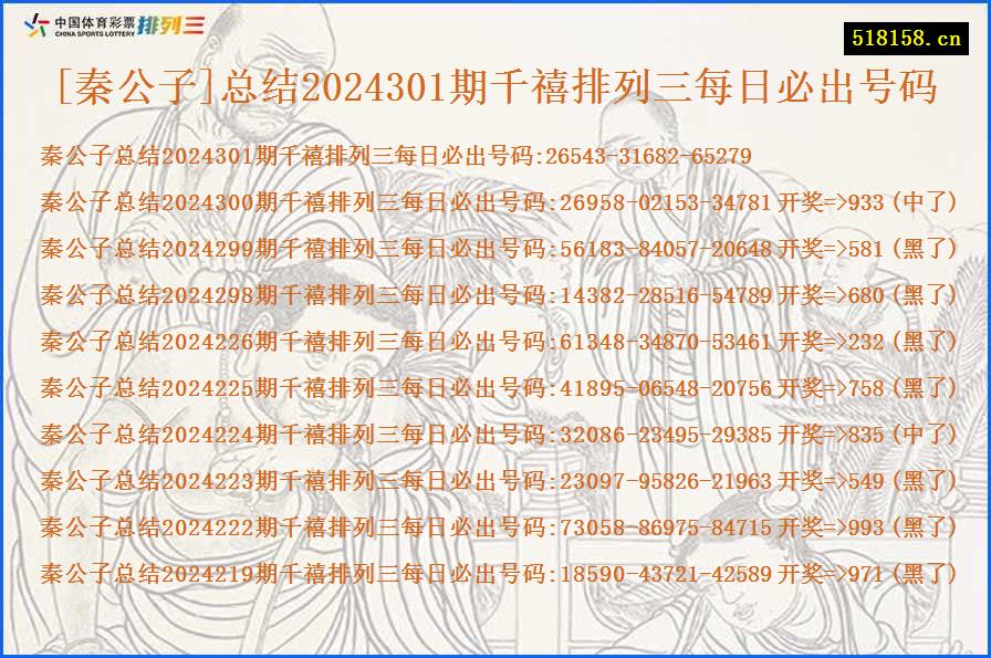 [秦公子]总结2024301期千禧排列三每日必出号码