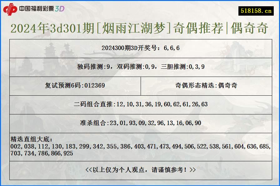 2024年3d301期[烟雨江湖梦]奇偶推荐|偶奇奇