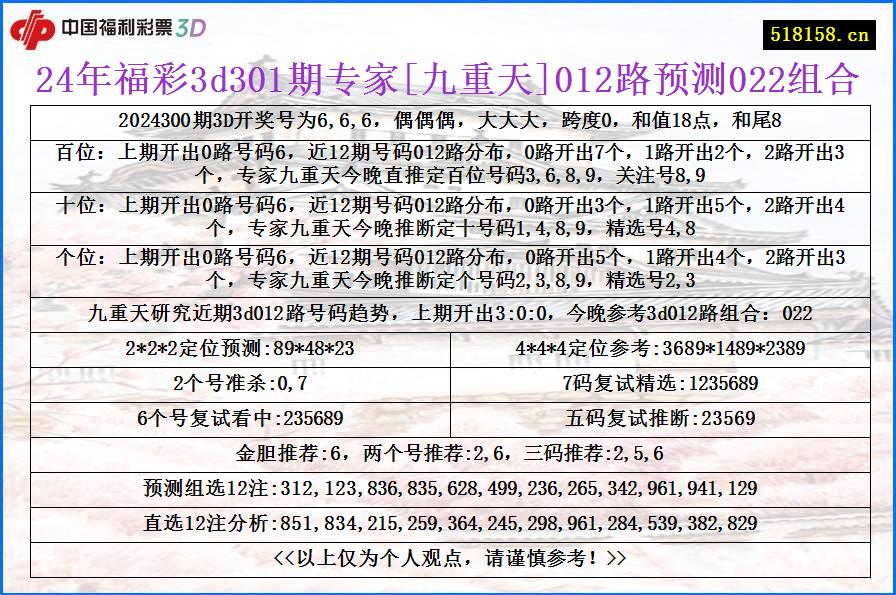 24年福彩3d301期专家[九重天]012路预测022组合