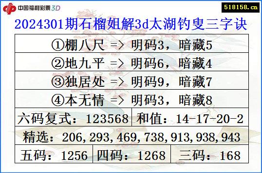 2024301期石榴姐解3d太湖钓叟三字诀