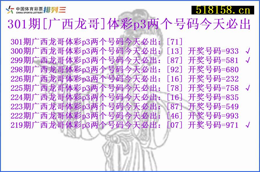 301期[广西龙哥]体彩p3两个号码今天必出