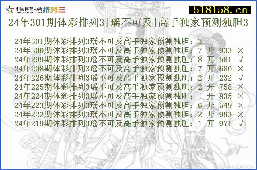 24年301期体彩排列3[瑶不可及]高手独家预测独胆3