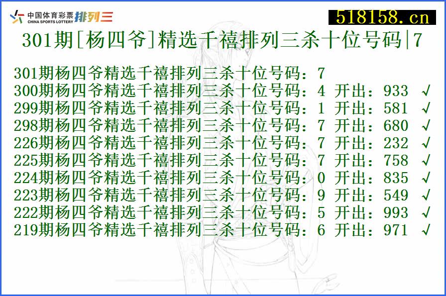 301期[杨四爷]精选千禧排列三杀十位号码|7