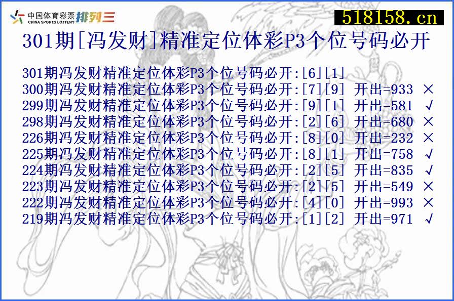 301期[冯发财]精准定位体彩P3个位号码必开