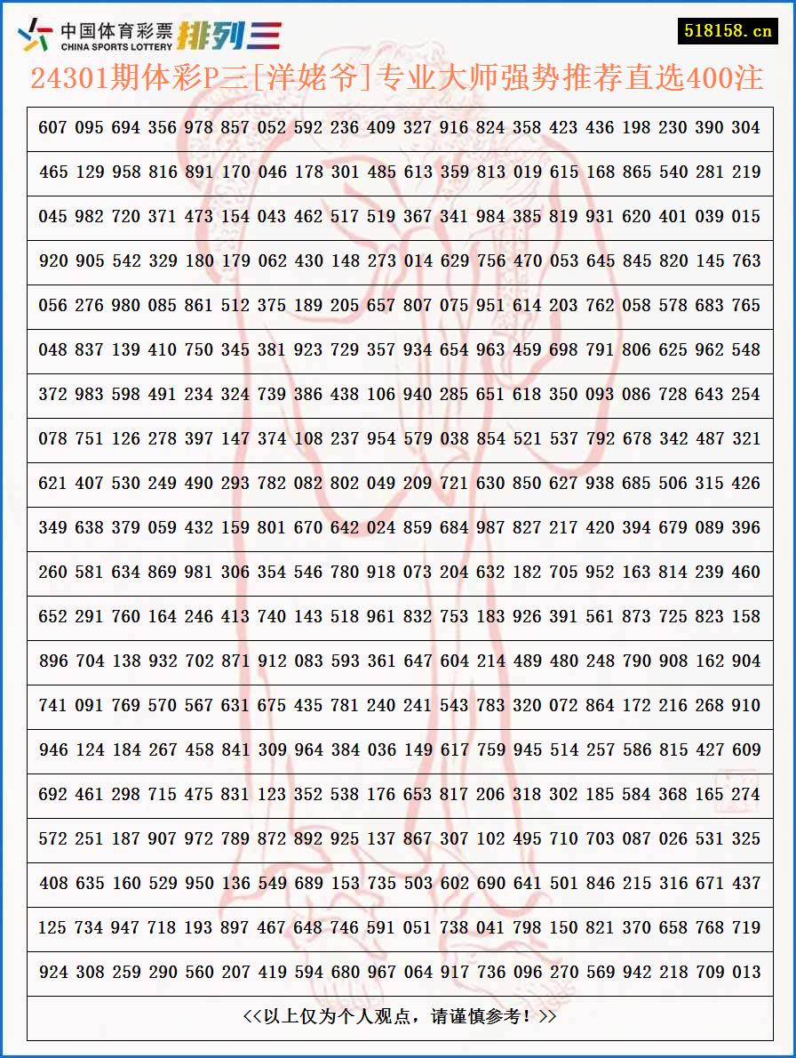 24301期体彩P三[洋姥爷]专业大师强势推荐直选400注