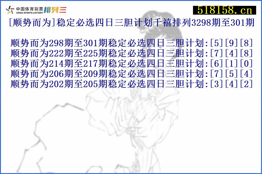 [顺势而为]稳定必选四日三胆计划千禧排列3298期至301期