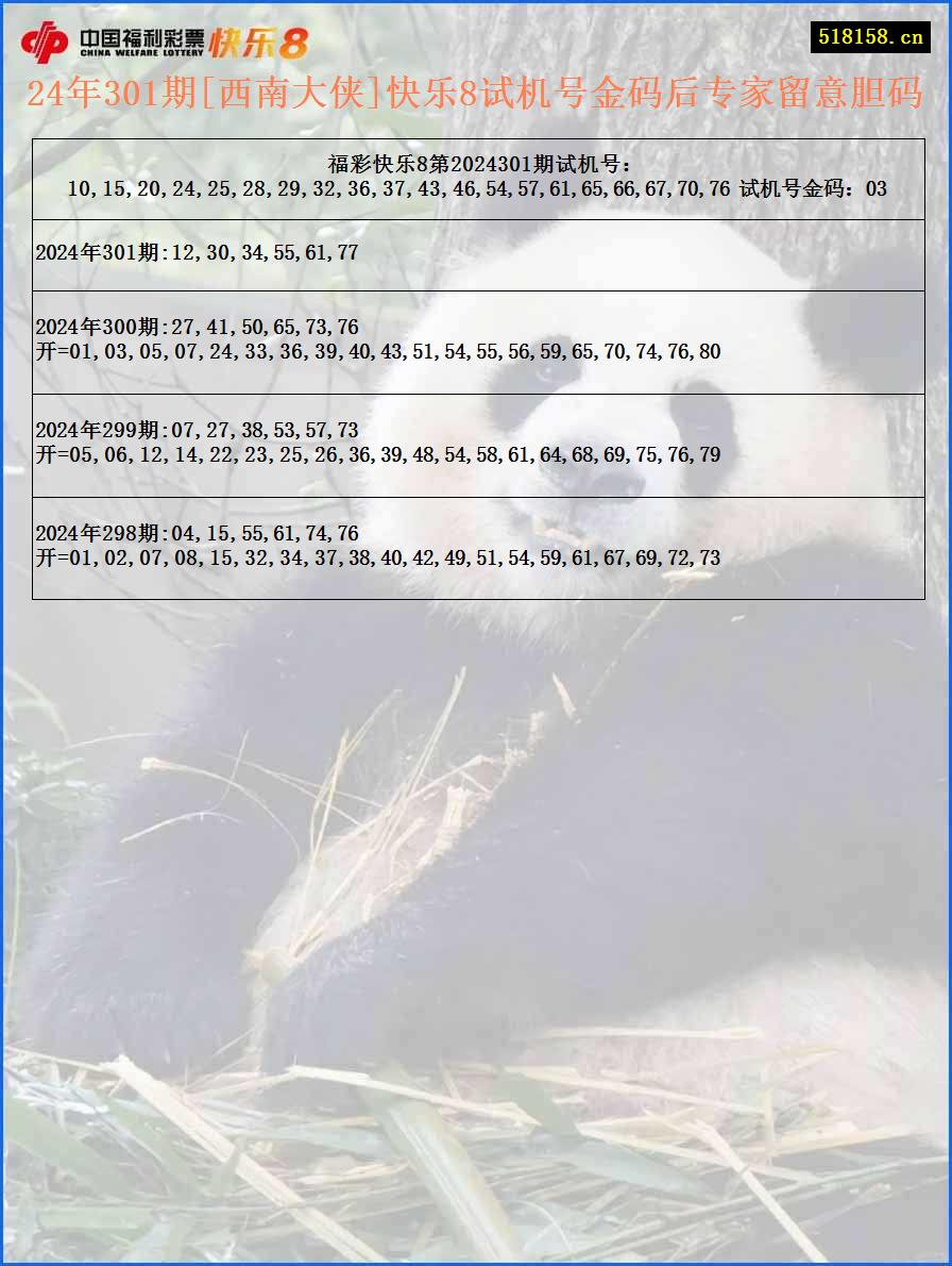 24年301期[西南大侠]快乐8试机号金码后专家留意胆码