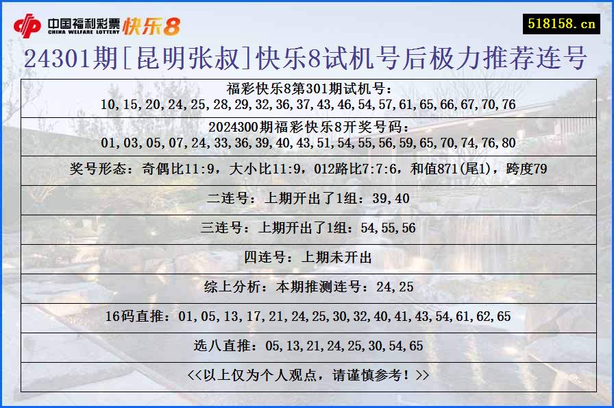 24301期[昆明张叔]快乐8试机号后极力推荐连号