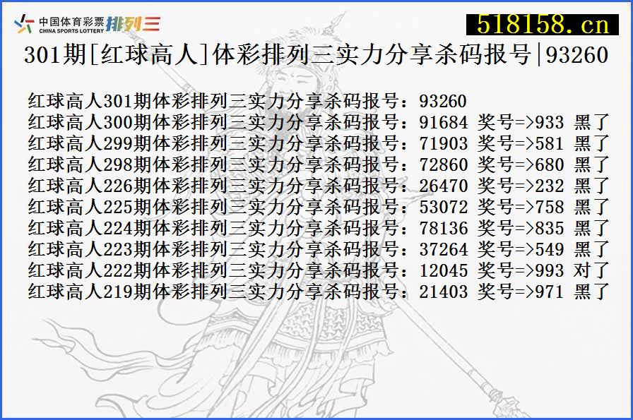 301期[红球高人]体彩排列三实力分享杀码报号|93260