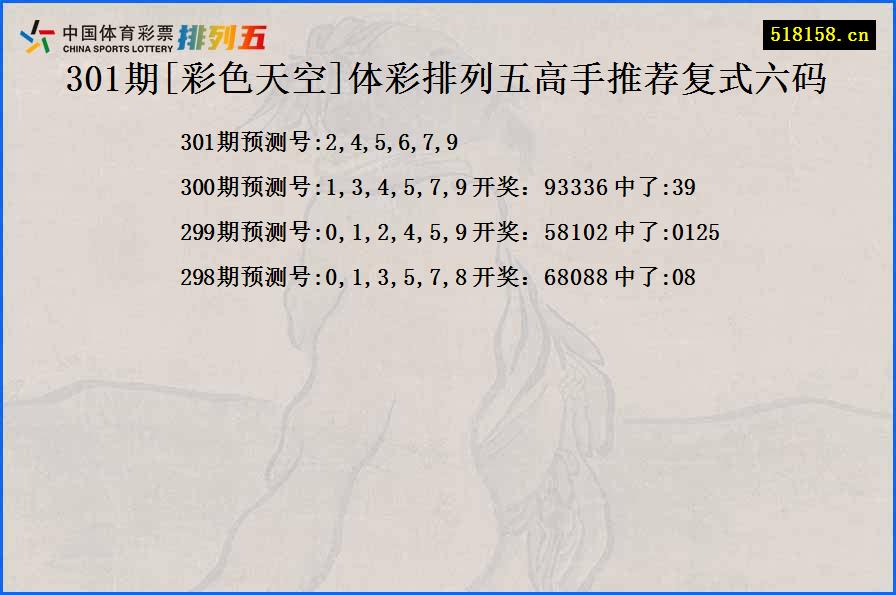 301期[彩色天空]体彩排列五高手推荐复式六码